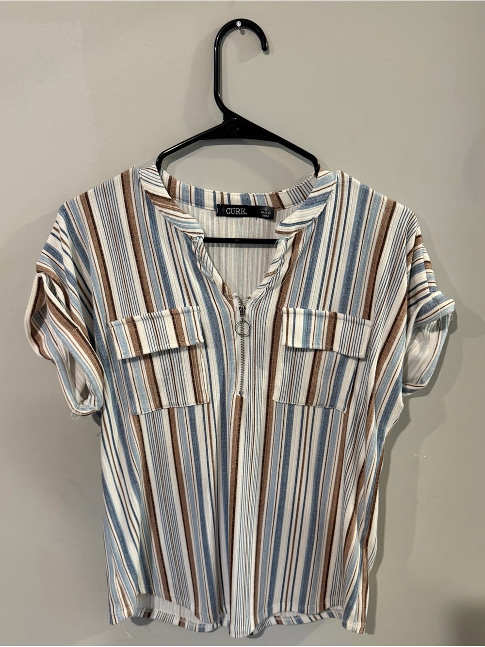 Cure Striped Zip-Front Button Down Shirt in Blue & Brown